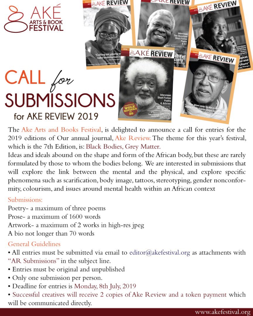 Calling all poets, artists and authors!

We are delighted to announce a call for submissions for entries for the 2019 edition of our annual journal, Ake review.

#Akefest