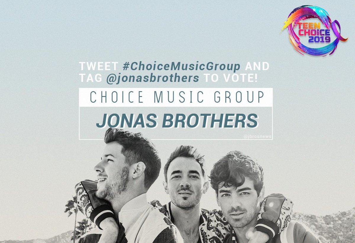 jbrosnews's tweet photo. ⭐ The @jonasbrothers are nominated for #ChoiceMusicGroup at the Teen Choice Awards 2019! Retweet this tweet to vote: 1 RT = 1 vote. You can also vote 10 times a day at https://t.co/zETcqeWMIu https://t.co/yrHi8CUTV8