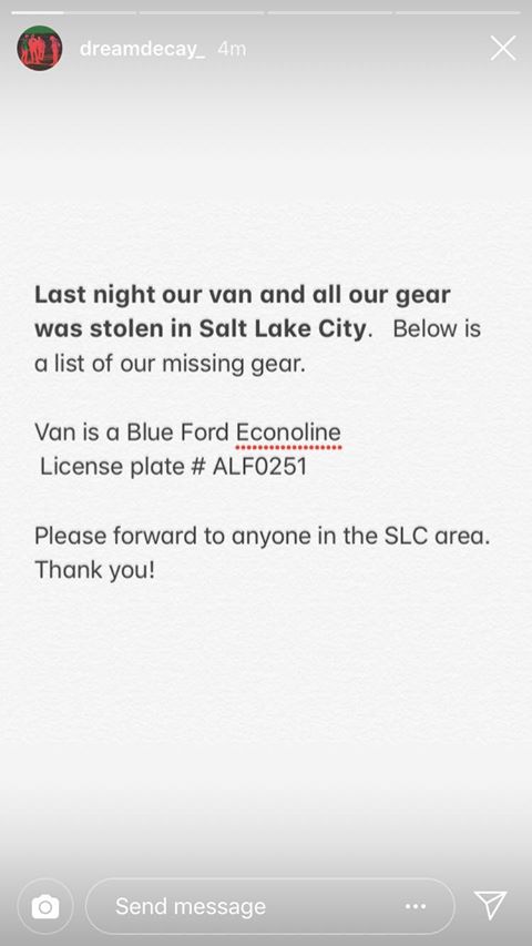 SLUGMag's tweet photo. Seattle band @Dreamdecay_'s van and gear were stolen in SLC Monday night. 😥🤦‍♂️ Please follow the instructions and observe the list in the screenshots below if you see/notice anything: https://t.co/yjDgLvch1G