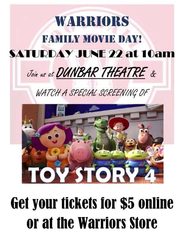 Come watch #ToyStory4 on Sat Jun 22 at 10am at #DunbarTheare  hosted by the Warriors. Tickets are $5 and can be bought online at westsidefootball.bc.ca/product/warrio…