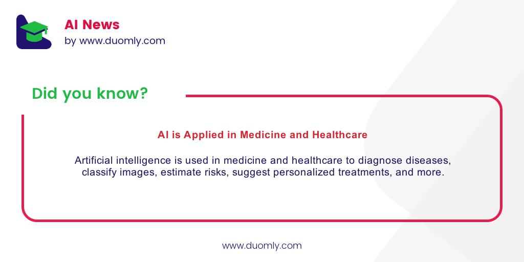 duomly's tweet image. Artificial intelligence is used in medicine and healthcare to diagnose diseases, classify images, estimate risks, suggest personalized treatments, and more. 

#MachineLearning #programming #programmingNews #ai #artificial #intelligence #ArtificialIntelligence