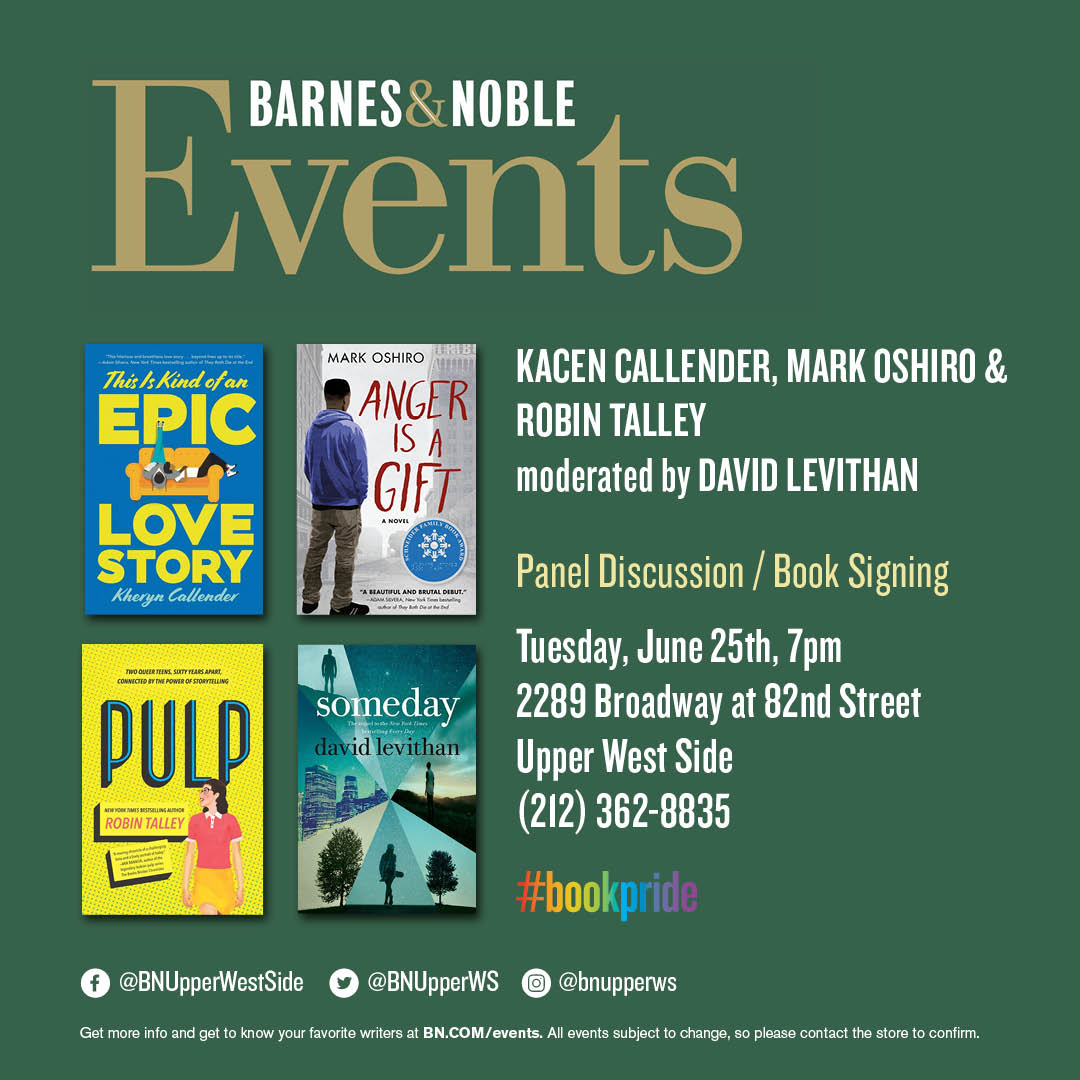 Join us on Tuesday, June 25, at 7pm for an awesome #bookpride panel on LGBTQ+ representation in YA literature! 🌈📖 Panelists include Kacen Callender, Robin Talley, and Mark Oshiro, with David Levithan moderating - don't miss out on this great #PrideMonth event!