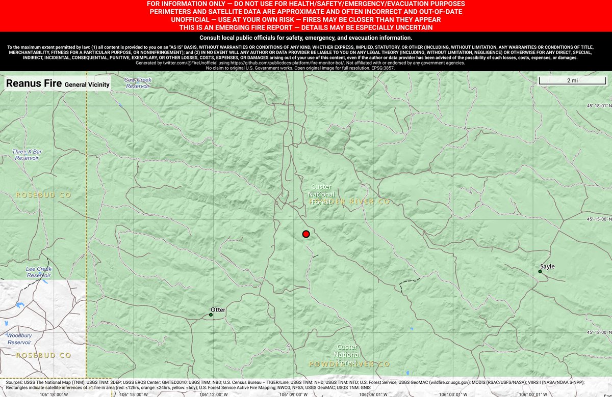 NRockFireBot's tweet image. #ReanusFire 🔥 discovered Jun 19, 2019, 2:39 PM UTC - unofficial report.
#PowderRiverCounty Miles City Field Office; ~20mi SE of Birney, MT. ~73mi NNW of Gillette, WY. See officials for safety info. May be incorrect; disclaimers in images.