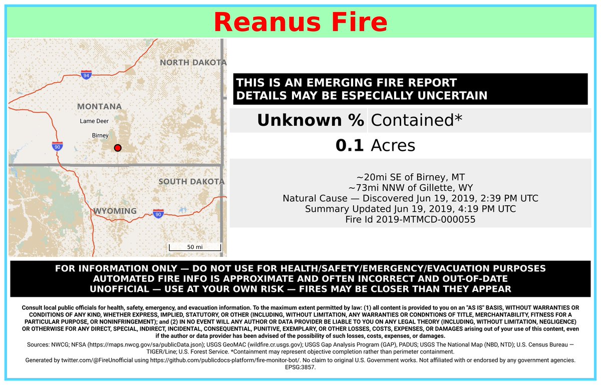 NRockFireBot's tweet image. #ReanusFire 🔥 discovered Jun 19, 2019, 2:39 PM UTC - unofficial report.
#PowderRiverCounty Miles City Field Office; ~20mi SE of Birney, MT. ~73mi NNW of Gillette, WY. See officials for safety info. May be incorrect; disclaimers in images.