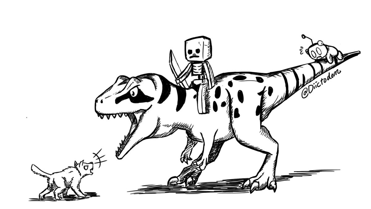 Diictodom's tweet image. Did a doodle for a friend, featuring @FossilsRevival 's Allosaurus (I hope it's close enough :P) Skeleton, wolfy, and Snoo. 

#Doodle #Dinosaur #Minecraft #DigitalArt