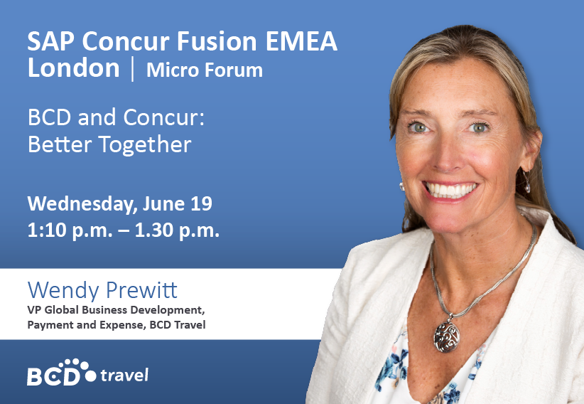 BCDTravel's tweet image. Are you joining #SAPConcurFusion EMEA in London today? Don&apos;t miss Wendy Prewitt&apos;s Micro Forum!