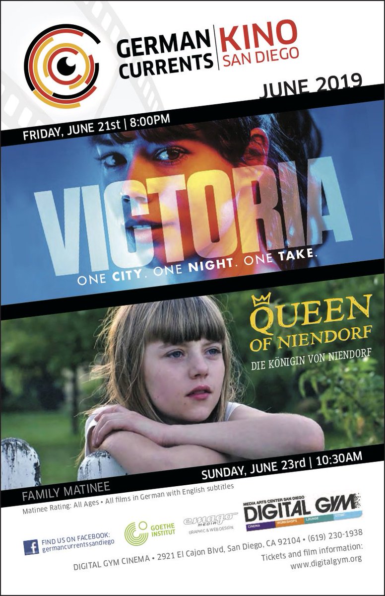 Germancurrentsd's tweet photo. 📽️ THIS WEEKEND: "VICTORIA" Friday 6/21, 8:00 PM, and "QUEEN OF NIENDORF", Sunday 6/23, 10:30 AM (Family Matinee)
🎟️ Tickets: https://t.co/SmOdFxsGKH    @DigitalGymSD @GI_LosAngeles https://t.co/l9QGvqZFbN