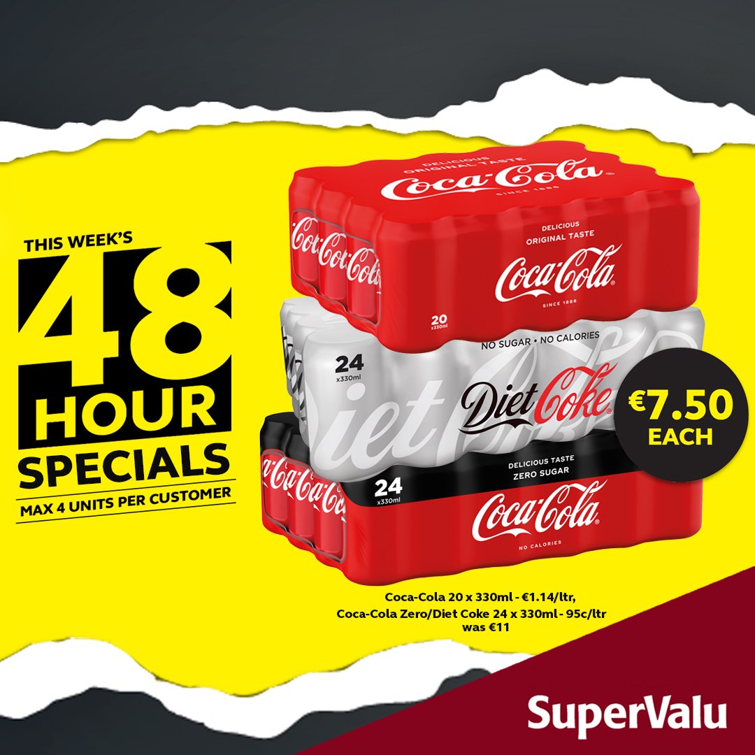 🚨 48 HOURS ONLY 🚨
Coca-Cola 20 Can Pack, Coke Zero or Diet Coke 24 Can Pack ONLY €7.50 each!
🛒See in store or Shop Online from Thursday. 
Offer Available Thursday 20th &amp; Friday 21st of June ONLY.
While Stocks Last. Customer Quotas Apply.