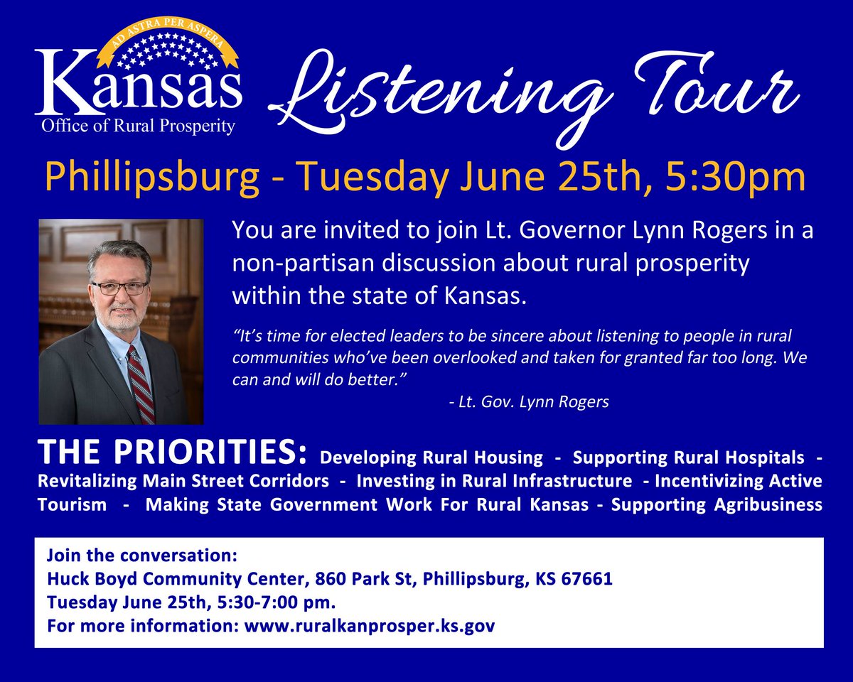 Phillipsburg will be hosting one of 12 stops on the listening tour currently being conducted by the Office of Rural Prosperity. Lt. Governor Lynn Rogers will be in attendance to learn more about the specific challenges and opportunities facing our rural Kansas communities.