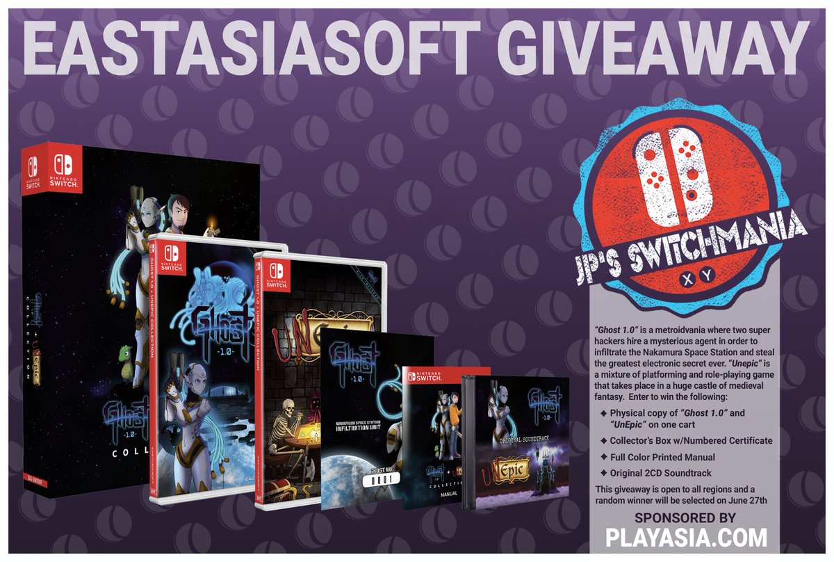 JPSWITCHMANIA's tweet photo. [CONTEST] We've teamed up with @eastasiasoft to #giveaway a Ghost 1.0 &amp; Unepic Collection Limited Edition for the #NintendoSwitch!

~RULES~
✅Follow @JPSWITCHMANIA 
✅Follow @playasia &amp; @eastasiasoft 
✅Like &amp; RT
✅Tag a friend

Open to all and winner picked 06/27.

#SwitchCorps https://t.co/rHxK4BLPNN