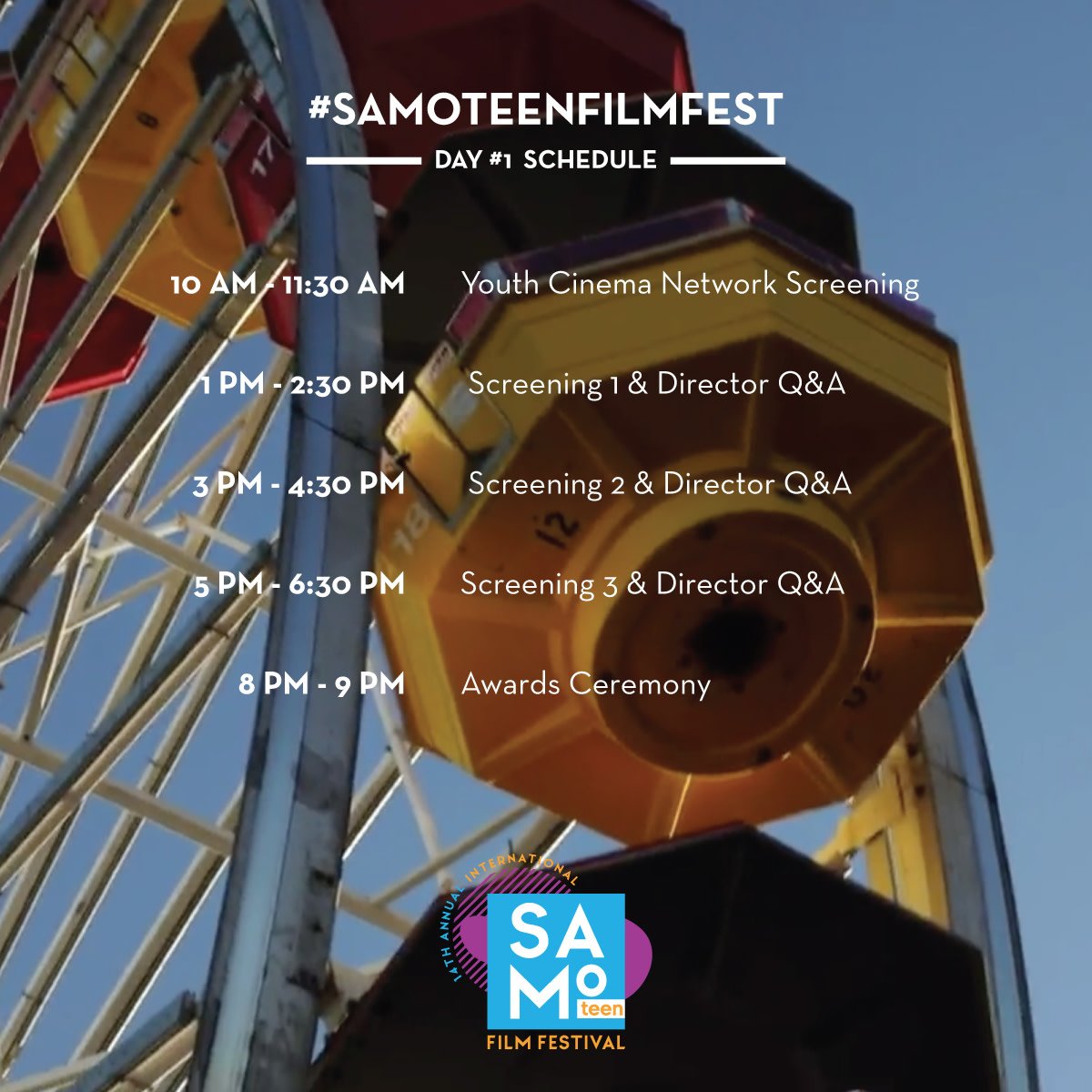 SaMoTeenFilm's tweet photo. ๐ก#SAMOTeenFilmFest is this weekend!! Here's your Day 1 Schedule -- be sure to get there early (first to arrive, first to be seated).
If you didn't get tickets, it's not too late! DM us to get on the standby list.
#SMITFF #teenfilmfest #GoSaMo #teenfilmmakers #HSfilmfest https://t.co/Bk4zgPoAzj