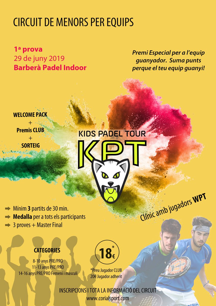 ▪️Dissabte 29 de juny
1a prova del KIDS PADEL TOUR 🎾🔥 a @barberapadelindoor . 3 categories separades per edats i nivells, un mínim de tres partits i una medalla per a tots els perticipants. 
No t’ho pots perdre😜💯!
Inscriu-te i informa’t ara a corialsport.com