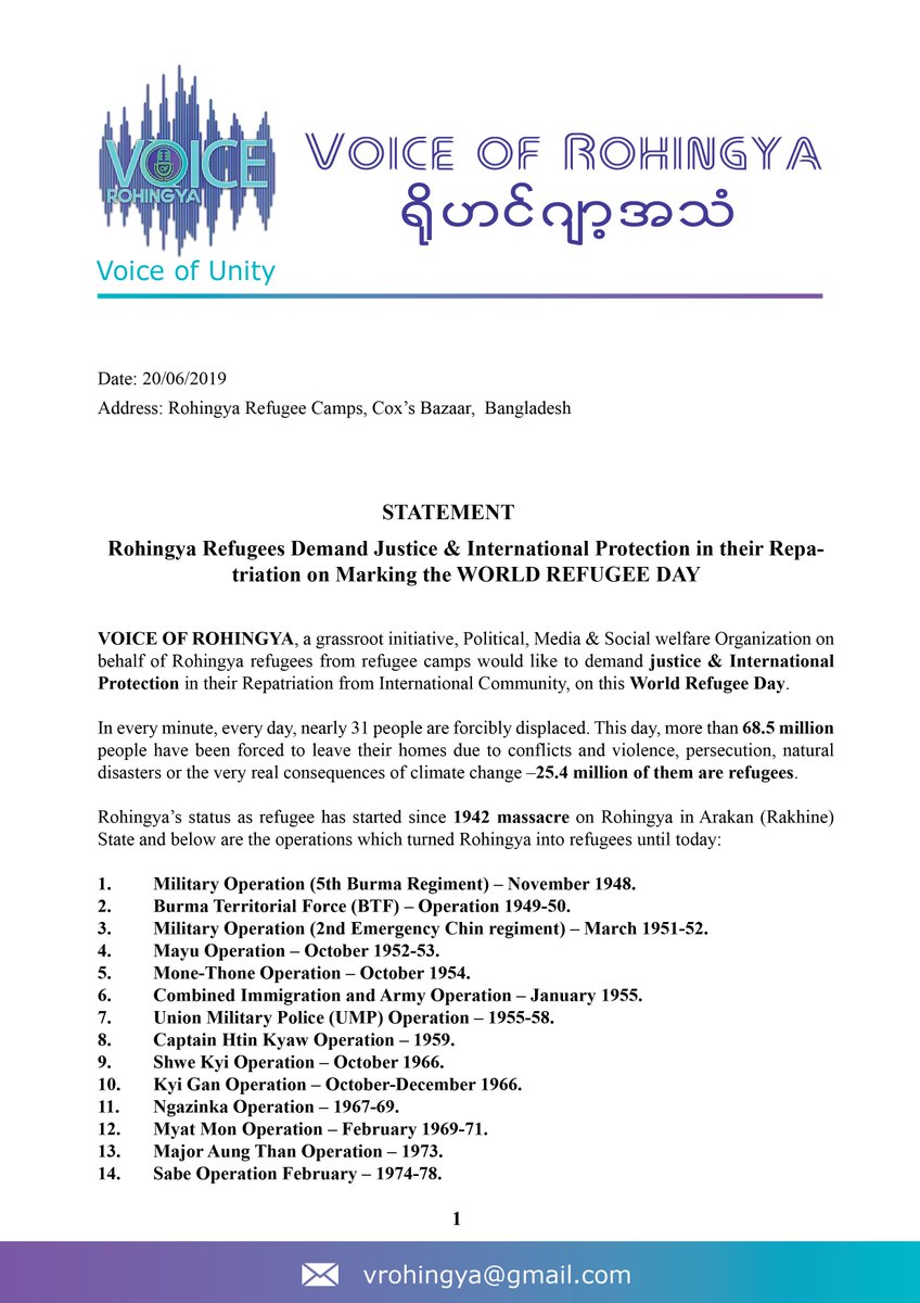 VORohingya's tweet photo. #STATEMENT

#Rohingya #Refugees Demand #Justice &amp; #InternationalProtection in their Repatriation on Marking the #WorldRefugeeDay

#StandwithRefugee
#StandwithRohingya

@UNHCR_BGD @UNGeneva @RefugeesIntl @RefugeesChief @refugeelawproj https://t.co/3siCxJiwfw