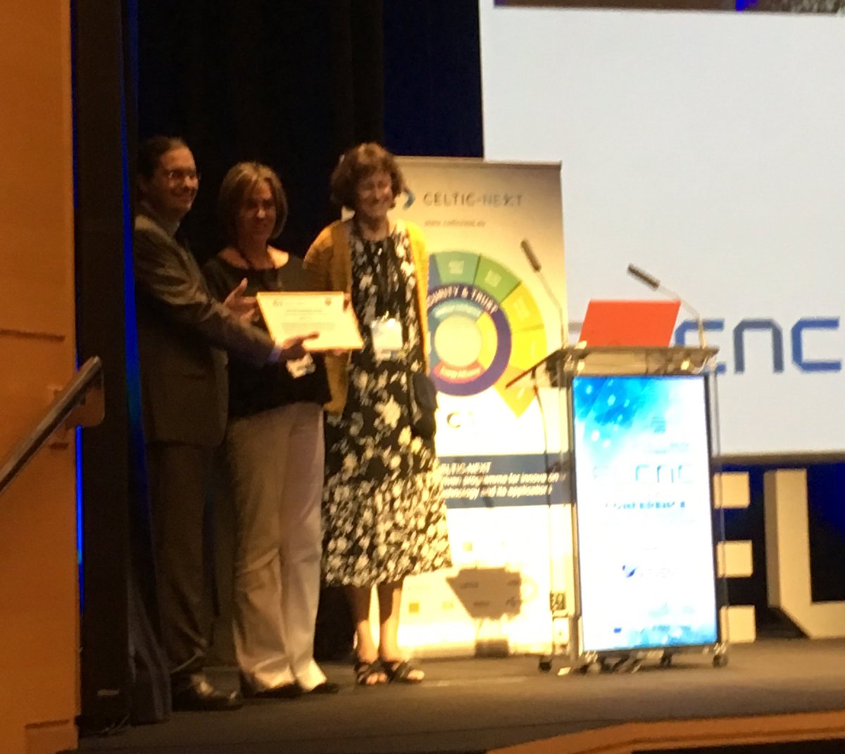 CelticNext's tweet photo. CELTIC Innovation Award handed over to the Project Coordinator Antonio Cuadra Sánchez from INDRA, Spain for CELTIC project NOTTS. Congratulation to the whole team @EuCNC #CelticEvent @EUREKA_NETWORK #EUCNC2019 @acuadras https://t.co/a0mYzuiI6O