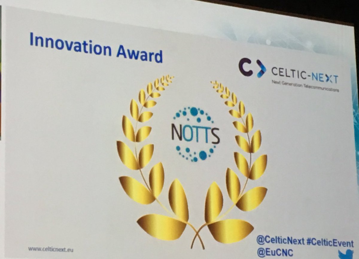 CelticNext's tweet photo. CELTIC Innovation Award handed over to the Project Coordinator Antonio Cuadra Sánchez from INDRA, Spain for CELTIC project NOTTS. Congratulation to the whole team @EuCNC #CelticEvent @EUREKA_NETWORK #EUCNC2019 @acuadras https://t.co/a0mYzuiI6O