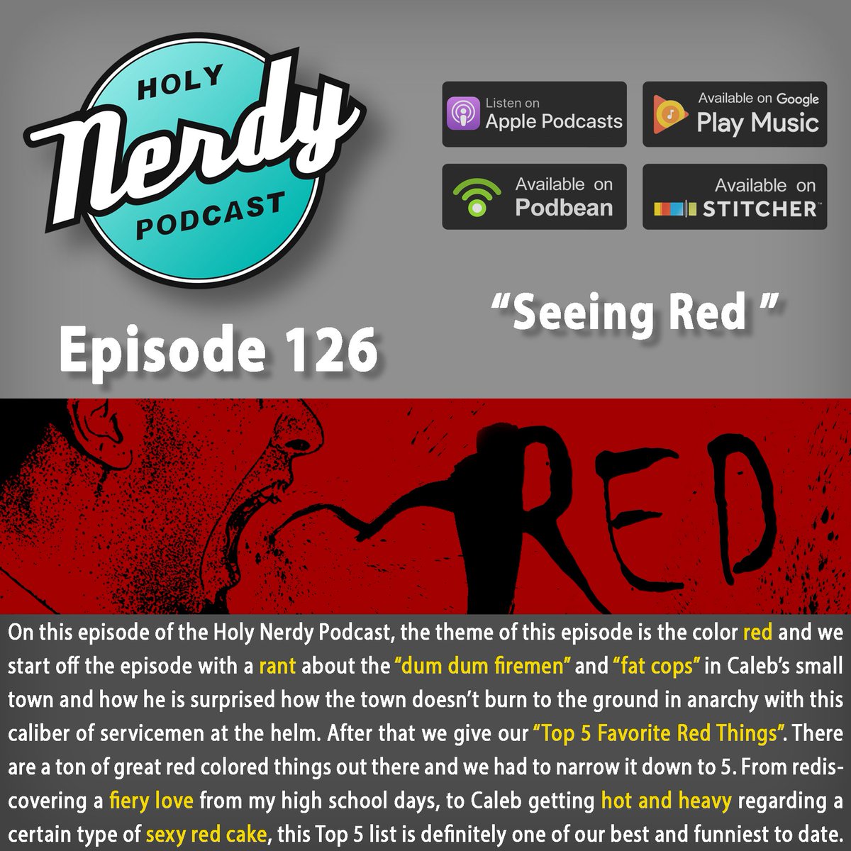 holynerdypod's tweet photo. https://t.co/0WkjrZUVQV
Episode 126 is now available.
You can listen on Apple Podcasts, GooglePlay Music, TuneIn, or Stitcher.
#podcast #nerd #funny #90s #dumdum #firefighters #fatcop #red #favorite #top5 #cherry #twizzlers #icee #netflix #redhead #meat #rapheal #redvelvet https://t.co/8O1DDYEBYa
