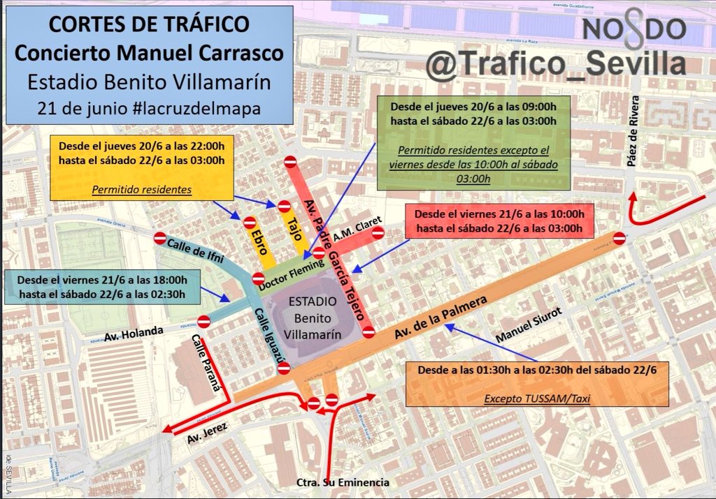 EmergenciasSev's tweet photo. #21Jun #Viernes
🎸Concierto @manuelcarrasco_ #lacruzdelmapa 
🏟️Estadio Benito Villamarín #Sevilla
Consulta la info del plan de #tráfico.
Mañana comienzan los primeros desvíos
⚠️Sigue indicaciones de Policía Local y la señalización de @Trafico_Sevilla 
#Seguridad @Ayto_Sevilla https://t.co/FywjscCl7s