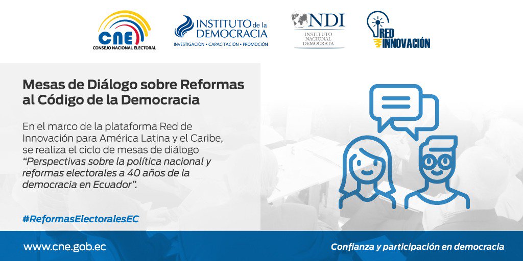 IDDemocracia's tweet photo. Las mesas de diálogo #ReformasElectoralesEC abren el debate sobre las propuestas de reformas al Código de la Democracia que se sustentan en investigaciones realizadas por el Instituto de la Democracia #IDD @InstitutoCNE 
@Red_Innovacion @NDI @cnegobec https://t.co/ShMG65ggoN