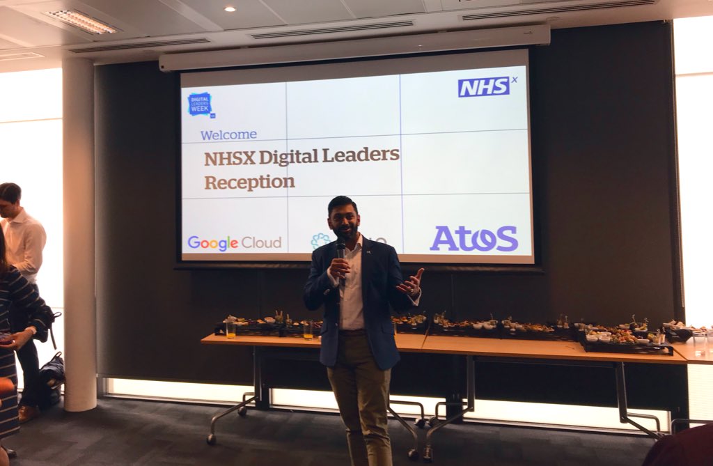 iamtomwake's tweet photo. @healthyopinion opening the NHSX @DigiLeaders reception. Looking forward to an evening of talks and networking with a wide variety of start ups, SMEs, industry partners, and NHS colleagues #DLWeek https://t.co/Qh5yzOBl5z