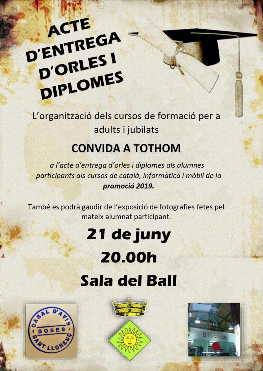 Us recordem que aquest divendres la Sala del Ball de Soses acull l’acte d’entrega d’orles i diplomes dels cursos de formació per a adults i jubilats. Us hi esperem a tots!