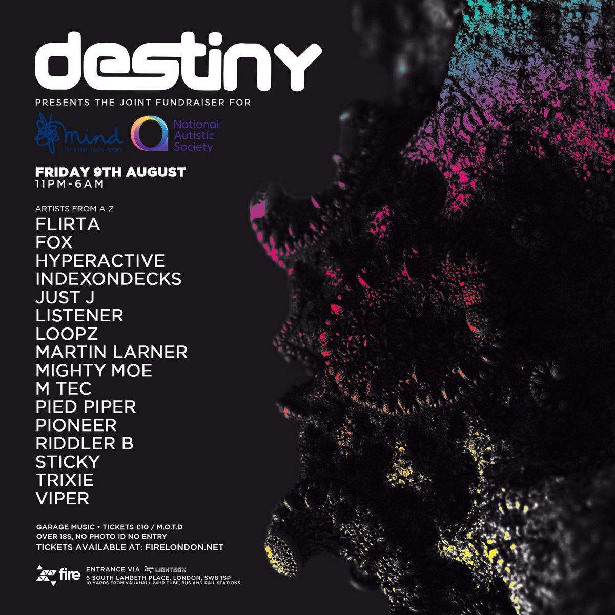 Join us 09/08 as we welcome <a href="/DestinyNights/">Destiny Nights</a> for 'The Joint Fundraiser' - raising money for <a href="/autism/">National Autistic Society</a> &amp; <a href="/MindCharity/">Mind</a> with a night of classic uplifting UKG with some of the scenes biggest hitters!

Tks - bit.ly/TheJointFundra…

All profits going to Mind &amp; National Autistic Society