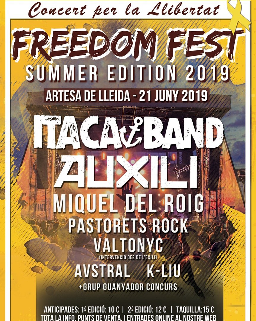 Divendres 21 a Artesa de Lleida, segona edició del Freedom Fest, a la Zona Esportiva de la població.

Amb:

ITACA BAND
AUXILI
MIQUEL DEL ROIG
PASTORETS ROCK
VALTONYC
AVSTRAL
KLIU
PERNIL SALAT

Per 12€ (15€ a taquilla)

#freedomfest #artesadelleida #concertscatalunya