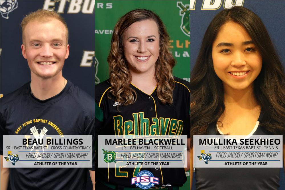 ASC_sports's tweet photo. GEN | @GoETBUTigers Beau Billings and Mullika Seekhieo and @belhavenblazers Marlee Blackwell named 2018-19 ASC Fred Jacoby Sportsmanship Athletes of the Year https://t.co/ui3M0u3AVh #ASC https://t.co/u1wYmoqCcn