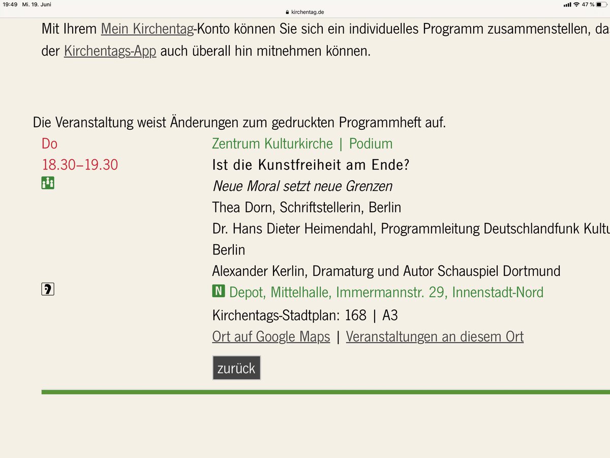 Morgen spreche ich mit Thea Dorn und H.D. Heimendahl über Kunstfreiheit, #Kirchentag2019. Die zentrale Frage: ist sie durch (linken) MORALISMUS bedroht? Abenteuerliche Setzung angesichts wachsender repressiver Kulturpolitik von rechts. Bin entsprechend gespannt.