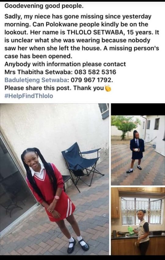 Joan_MG's tweet image. GUYS MY NIECE IS MISSING!!!!!!

It's the 2nd day. Please please share.

Any contacts that you might have ba ko Setshego please let me know🙏🏽 zone 3 was apparently the last place someone saw her. 

Please share guys.....please💔💔💔💔💔💔