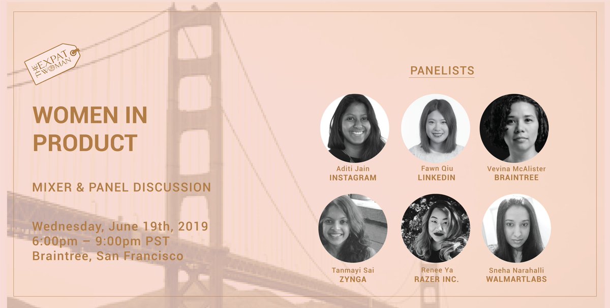 TheExpatWomanUS's tweet photo. Looking forward to our Women in Product this evening @Braintree, SF with these six stellar women on our panel @renee_cya @qiulab @linkedin @instagram @zynga
Tickets: eventhttps://wipbraintree.eventbrite.com
#womenintproduct #sanfrancisco https://t.co/H5SSdYhXBi