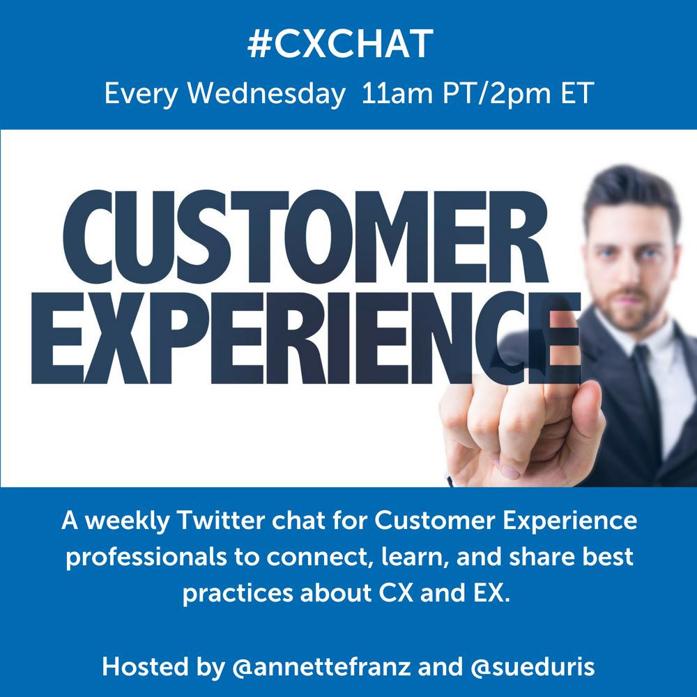 SueDuris's tweet photo. Welcome to #CXChat! A Twitter chat for participants to connect, learn, and share best practices about #custexp and #empexp! https://t.co/jFOpwfJzhn