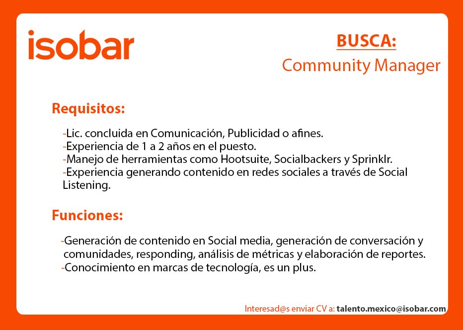 TalentoIsobarMx's tweet photo. Recuerden las tres búsquedas de talento que tenemos en #IsobarMx #EmpleoMx #CommunityManager #EditorSEO #Trafficker https://t.co/4emHuCY7kI
