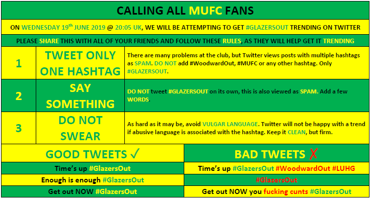 Please RT, share and tag anyone who may be taking part tonight at 20:05 UK. #GlazersOut WILL NOT come close to trending unless the majority of tweeters follow these guidelines. This is the only reason it didn't trend last time, the numbers were there: