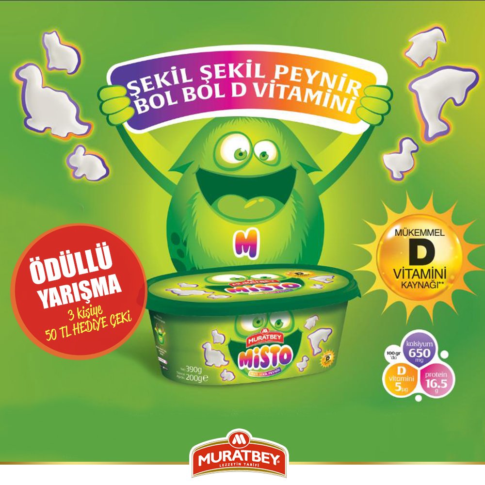 Muratbey Misto; şekil şekil peynir, bol bol D Vitamini! 

Bu iletiyi BEĞEN, RT yap ve yoruma #MuratbeyMisto yaz, Muratbey’den hediye çeki kazanma şansı yakala!

#Muratbey #MuratbeyPeynir #Misto #PeynirCanavarı #Dvitamini #şekilşekilpeynir #yarışma #çekiliş #çekilişvar #hediye