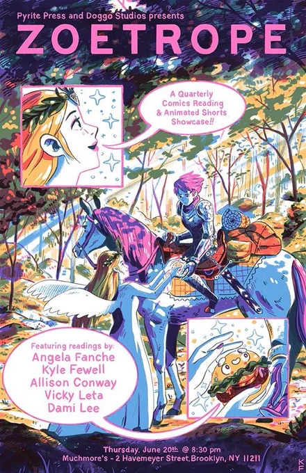 TOMORROW! Come on down to ZOETROPE: a super cool comics reading hosted by @pyritepress and Doggo Studios!! 

Check out excellent art/comics/animations with me and the gang:
@angelafanche @kylefewell @dami_lee &amp; @allistrations!!

JUNE 20th, 8:30PM @ MUCHMORE'S in BK! ✨✨ THANK U! 