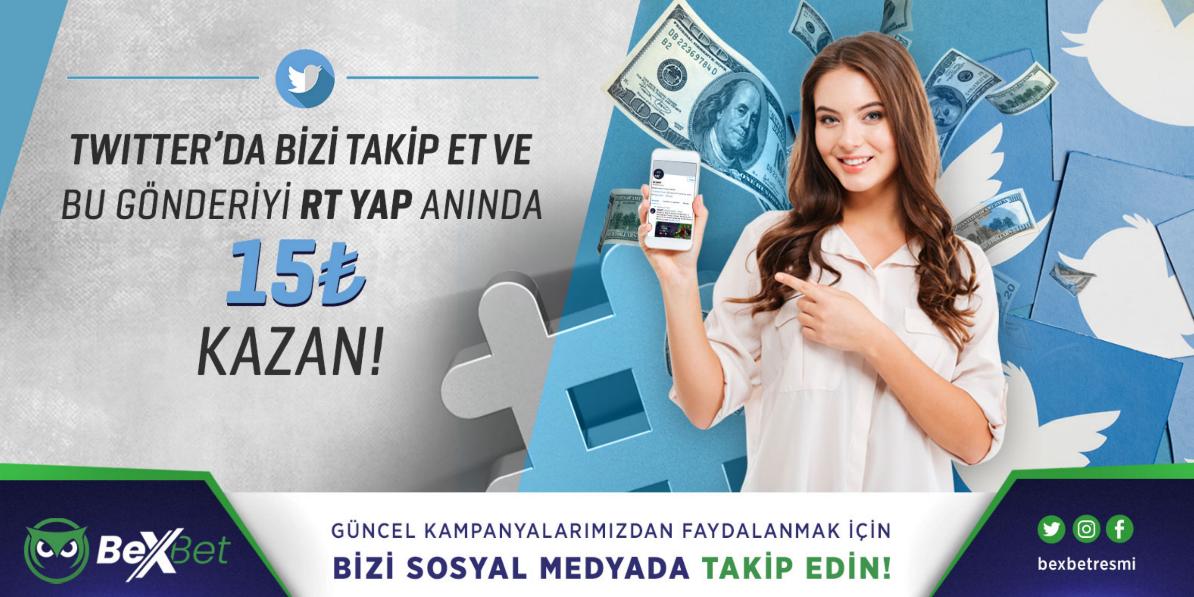Gönderiyi RT Yapıp Twitter'da Takip Eden Herkese 15₺ #freebet #bonus 💰bexbet72.com  Adresinden Üyelik Oluşturup Bonusunuzu Talep Etmeyi Unutmayın!