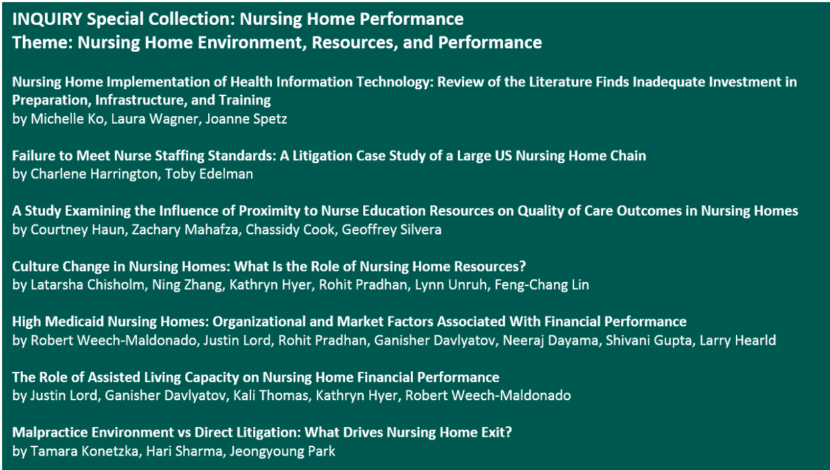 INQ_Health's tweet photo. Read and Share our new Special Collection on Nursing Home Performance, Guest Edited by @UAB_SHP Robert Weech-Maldonado and @uamshealth Rohit Pradhan. Available #openaccess at https://t.co/hnkTTVzurC  #nursinghome #LTSS https://t.co/PRca8z2BJB