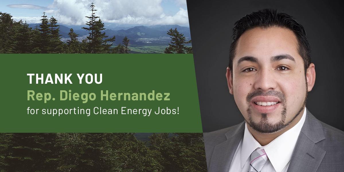 Thank you to State Rep. @Diego4Oregon for supporting the #CleanEnergyJobs bill! The Senate is voting this week - make sure your Senator votes YES, too: bit.ly/2tVDrSx #orpol #orleg #CEJisReady