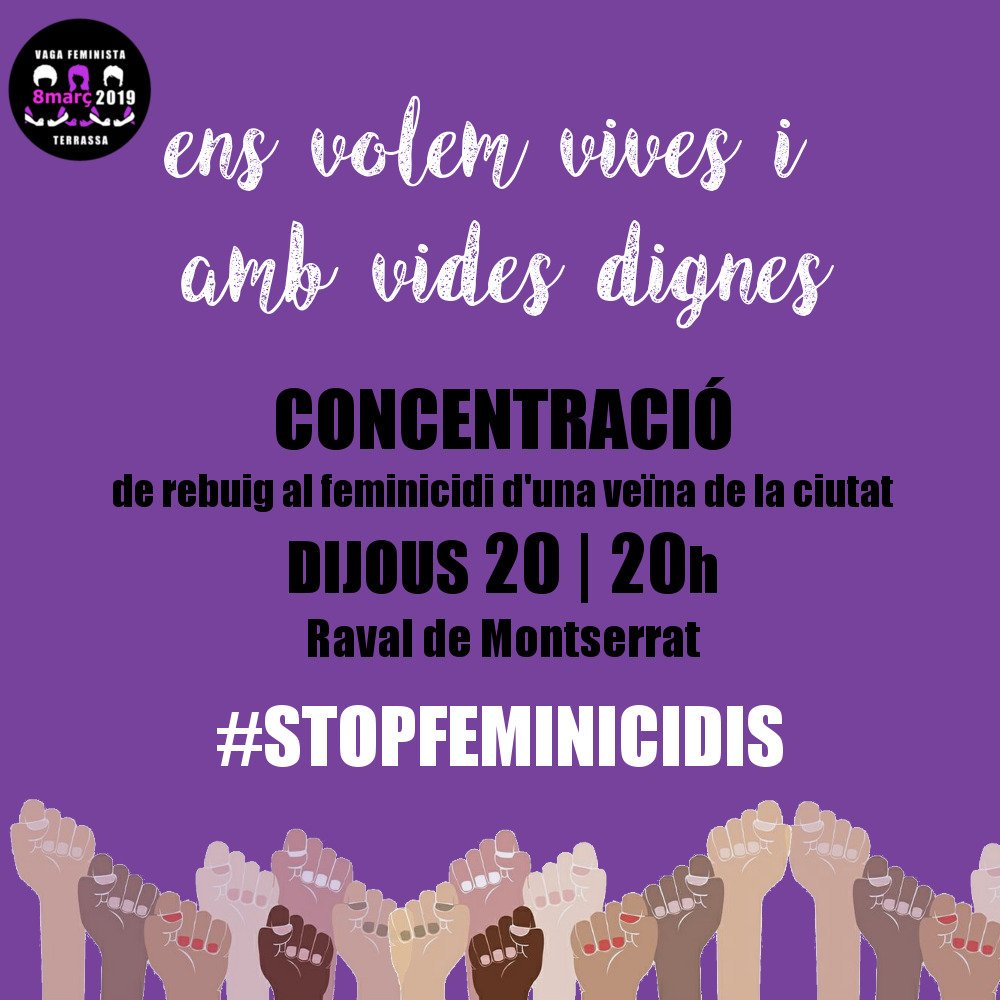 lacoorditrs's tweet photo. 📣📣📣
Convoquem demà a tota la ciutat per mostrar el nostre rebuig davant el feminicidi de la nostra veïna.

👉Dijous 20
👉20h
👉Raval (Terrassa)

#MònicaPresent
#EnsVolemVives 
#EsUnaGuerra https://t.co/Q289qRtvrT