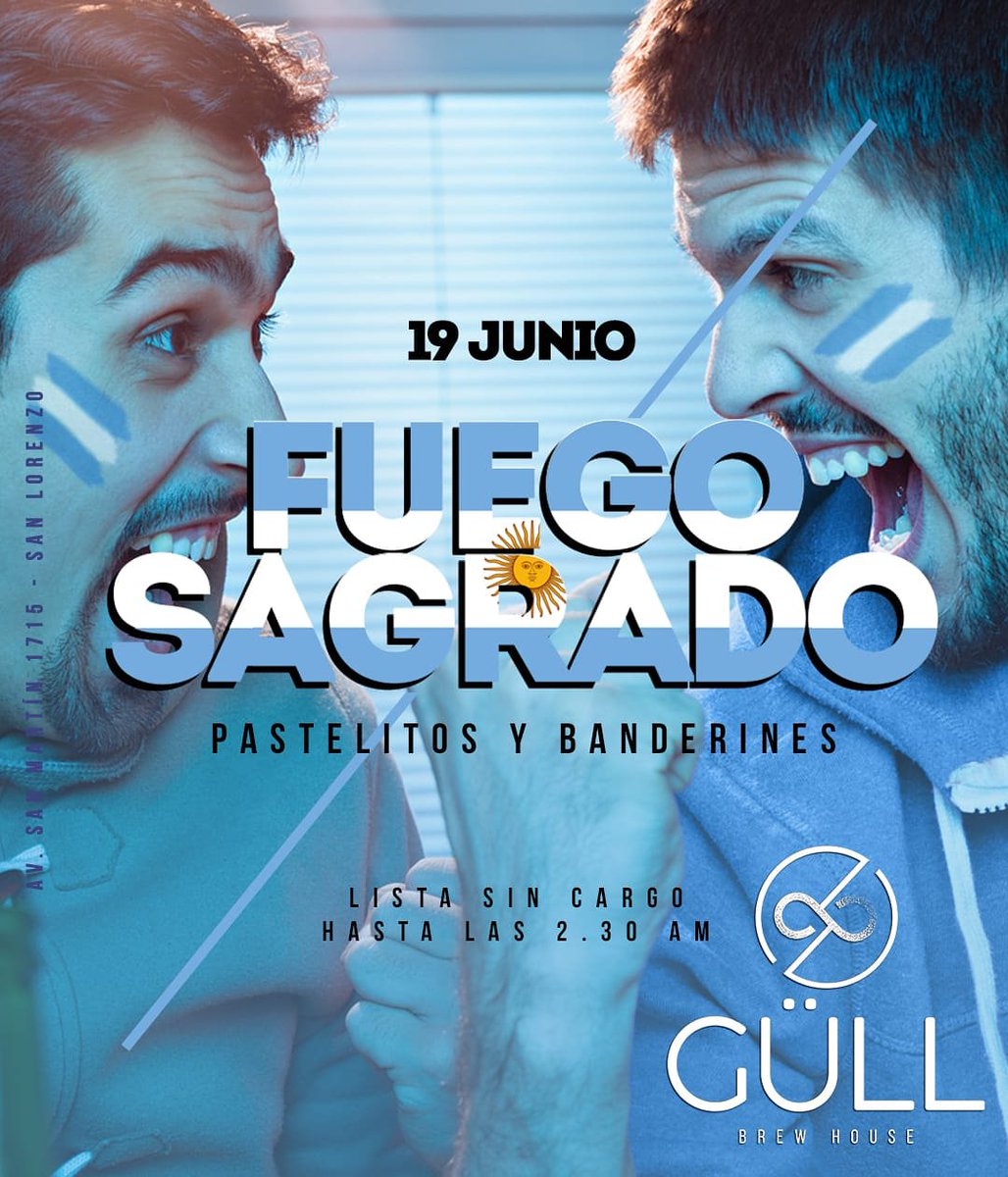 BrewGull's tweet photo. 19 de Junio GÜLL brew house
#FuegoSagrado Víspera de feriado. Pastelitos &amp; Banderines para todos 🇦🇷 #Güllers Los esperamos a todos en este miércoles de pura #CARAVANA. 
Ingreso por lista SIN CARGO 2.30 am. https://t.co/0dFdSMgsMq