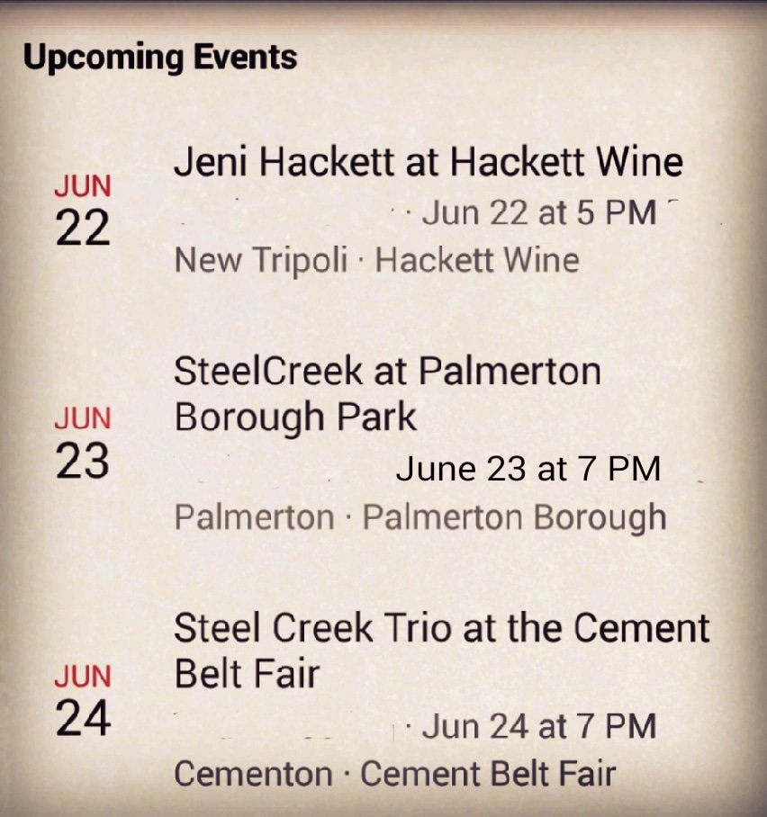 Here's the lineup for this upcoming weekend! It all starts this Saturday!
#JeniHackettMusic #AcousticMusic #LiveMusic #LiveShow #LehighValley #SteelCreekTrio #SteelCreekBand #SCrockscountry #CountryMusic #CountryBand #SupportLocalMusic #CementBeltFair #CementonPA #WhitehallPA