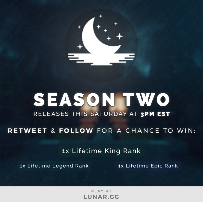 LunarNetwork's tweet image. Season 2 commences this Saturday at 3PM EST.

Practice, Meetup, Scheduled UHCs, &amp;amp; KitMap will all be open upon release! More games will be announced soon.

To celebrate, we're giving away 3 of the top ranks:

✦ 1x King
✦ 1x Epic
✦ 1x Legend

Follow, Like, and RT to enter! ❤️