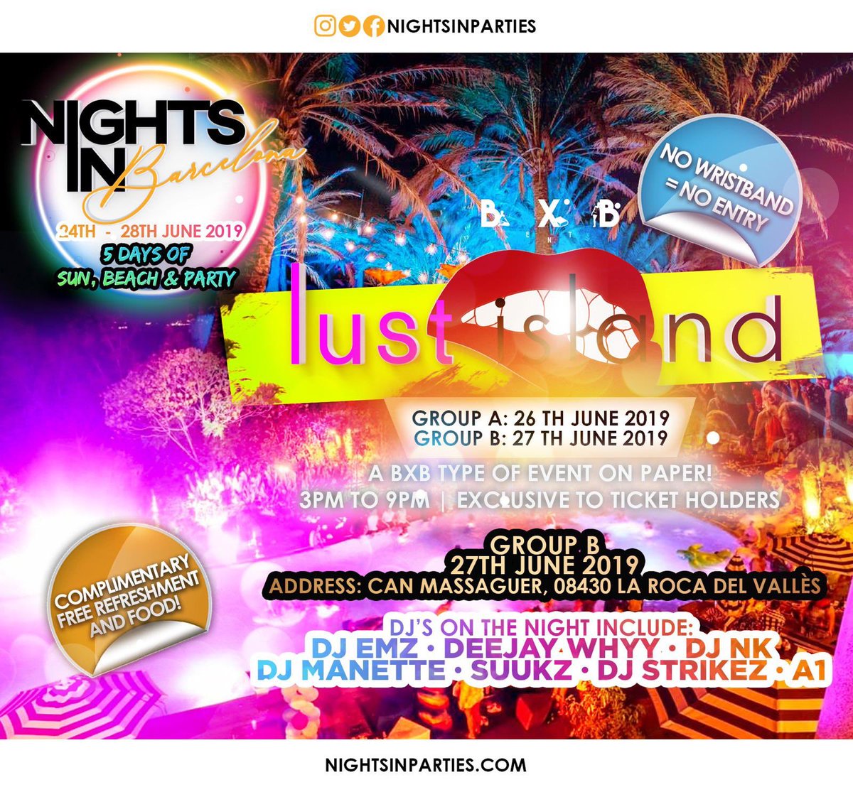 NightsInParties's tweet photo. And FINALLY 🥳
27th June
#SweetNSAWA Beach Party Group A @ Chiringuito Group Barcelona Beach, Platja de La Mar Bella
&
#LustIslandVillaParty Group B @ Can Massaguer 08430, La Roca del Vallès
#NightsInCarnival @ OAK Barcelona https://t.co/nSorLNYhtH
