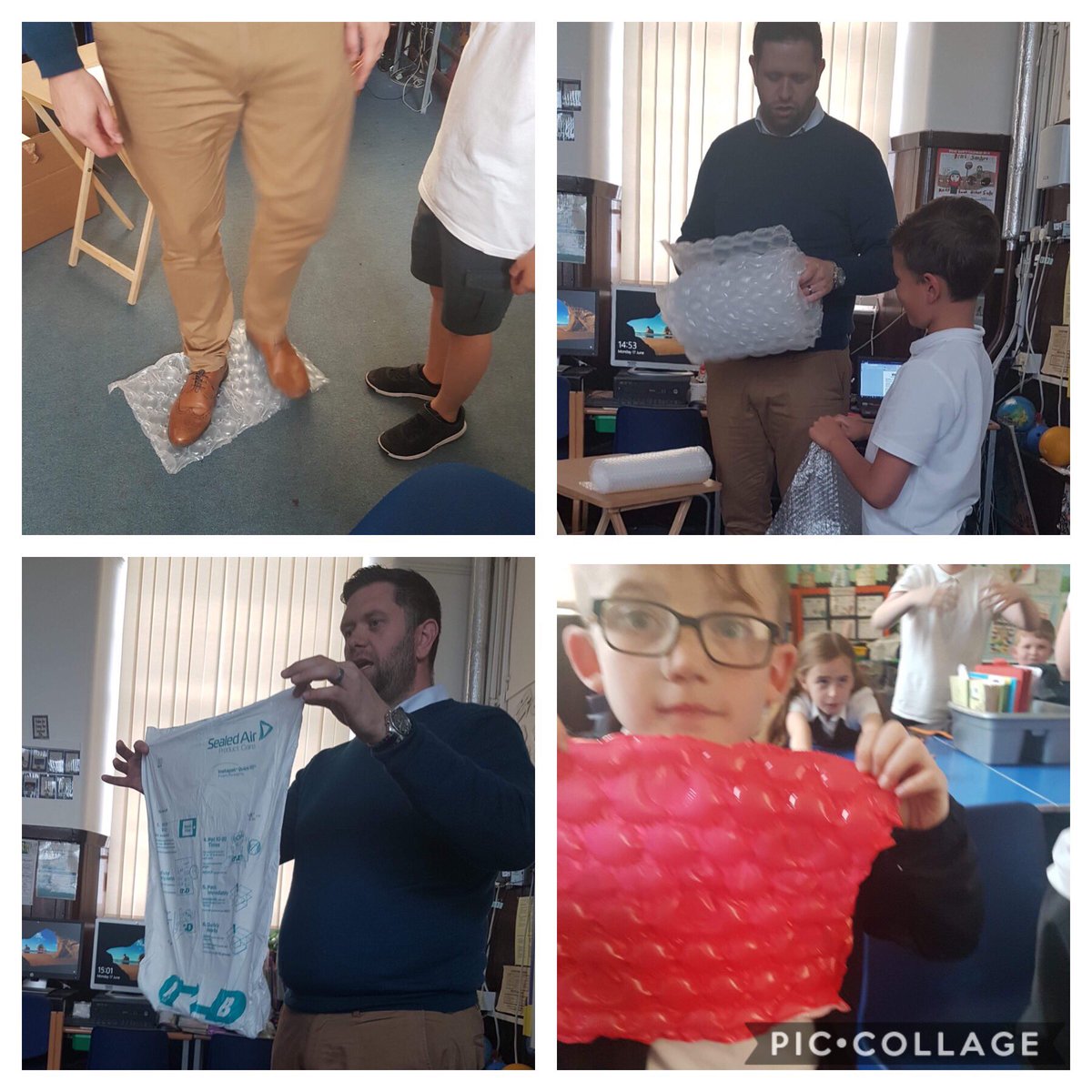 AyrGrammar's tweet photo. Harley's dad who works for SealedAir visited P4. In 1957 the company tried to make wallpaper and ended up with Bubble wrap. It comes in different colours and shapes. P4 tested it by packaging 2 raw eggs and throwing them #cool #safeandprotected #rightpackaging #bubblewrapiscool https://t.co/S9zkd9YRbJ