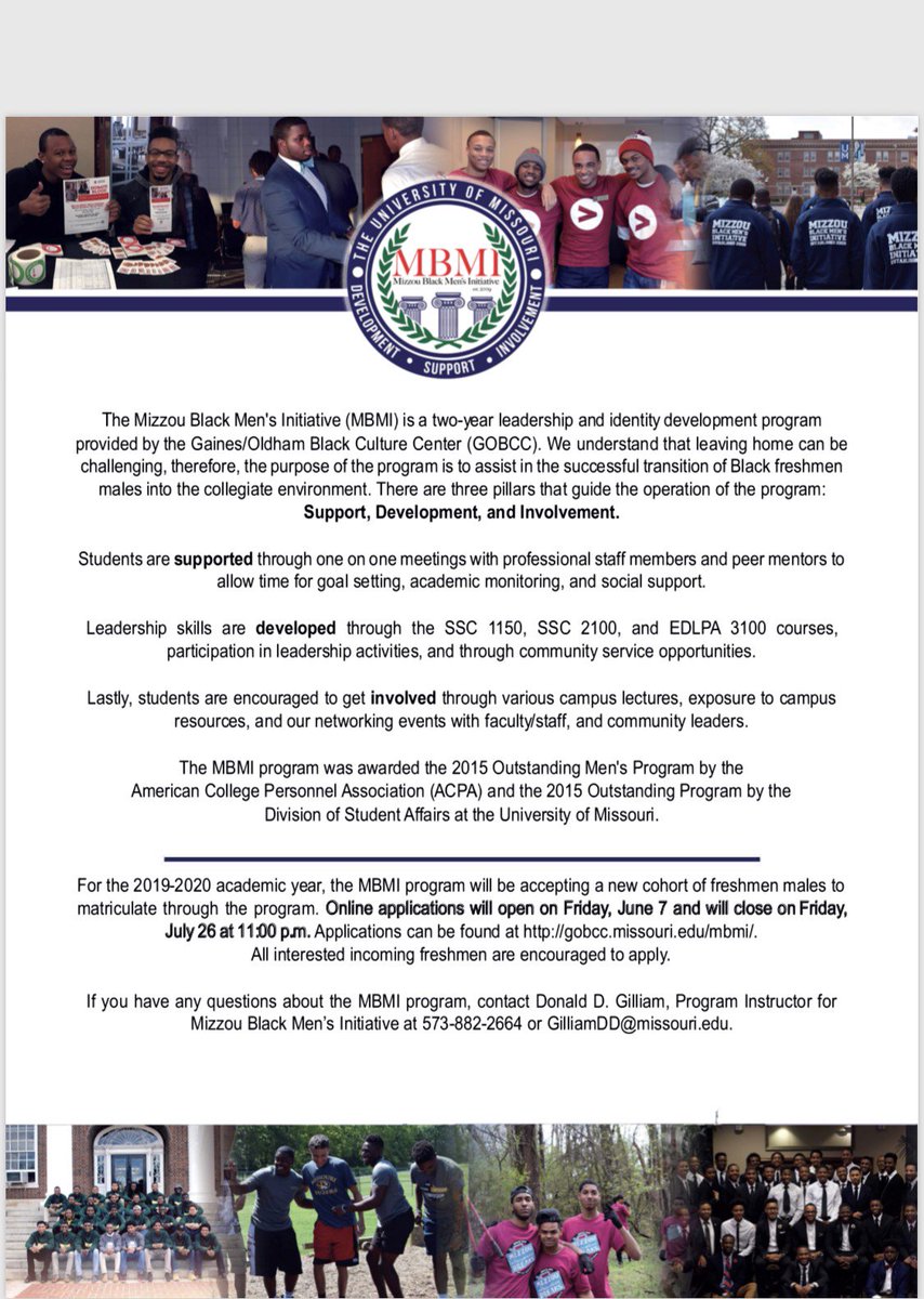 MUBMI's tweet photo. After much anticipation, we are happy to announce that the 2019-2020 Mizzou Black Men's Initiative applications are now live!!
Applications will be open until Friday, July 26 at 11:00 p.m. To apply, visit https://t.co/3mVRtQASpN
#MBMI23 #Mizzou23 #10YearsAndCounting https://t.co/nfRsfor3dS