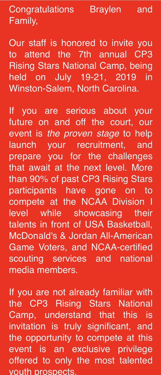BraylenBlue's tweet photo. So honored, excited and humbled to be invited to the prestigious CP3 Rising Stars National Camp (@CP3RisingStars) https://t.co/tR93fST8Y2