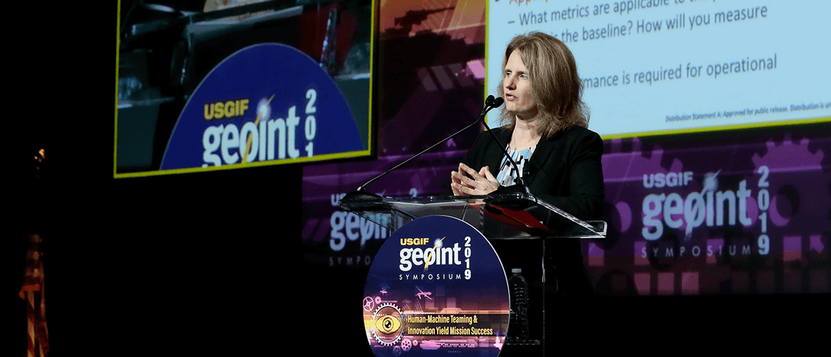 GEOINTsymposium's tweet photo. During her #GEOINT2019 keynote address The Honorable Dr. Lisa Porter @DeptofDefense drew a roadmap for operationalizing #AI. #GEOINT2019 https://t.co/bgWf2AfM46 https://t.co/oATq4rsniM