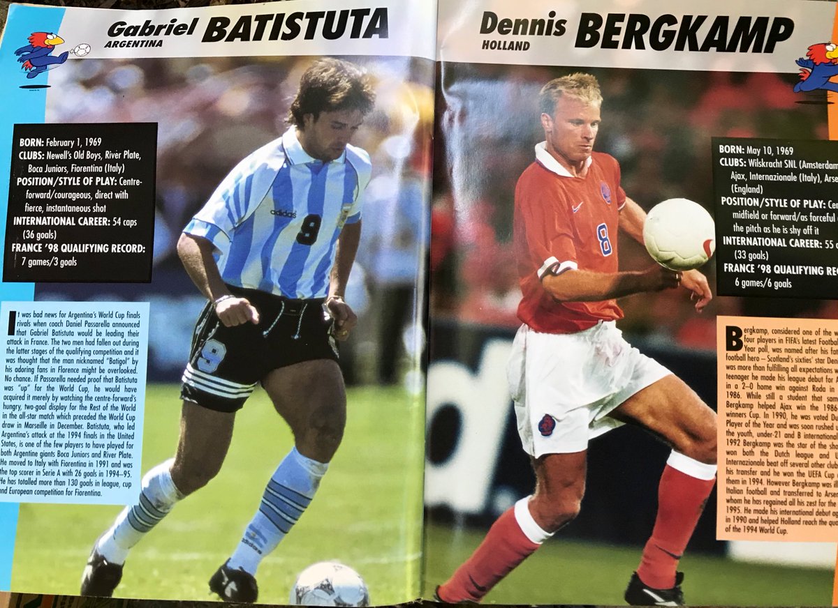 cwollin's tweet image. Heroes. Stars. Role models. Whatever you wanna call them. Found! The foreshadow in the Batistuta-Bergkamp page leaves me speechless, Zidane vs. Zola comparisons, but Valderrama’s kit wins the lot here. #worldcup98  #france98 #lostbutfound 
🏆🇦🇷🇳🇱🇫🇷🇮🇹🇨🇴🏆