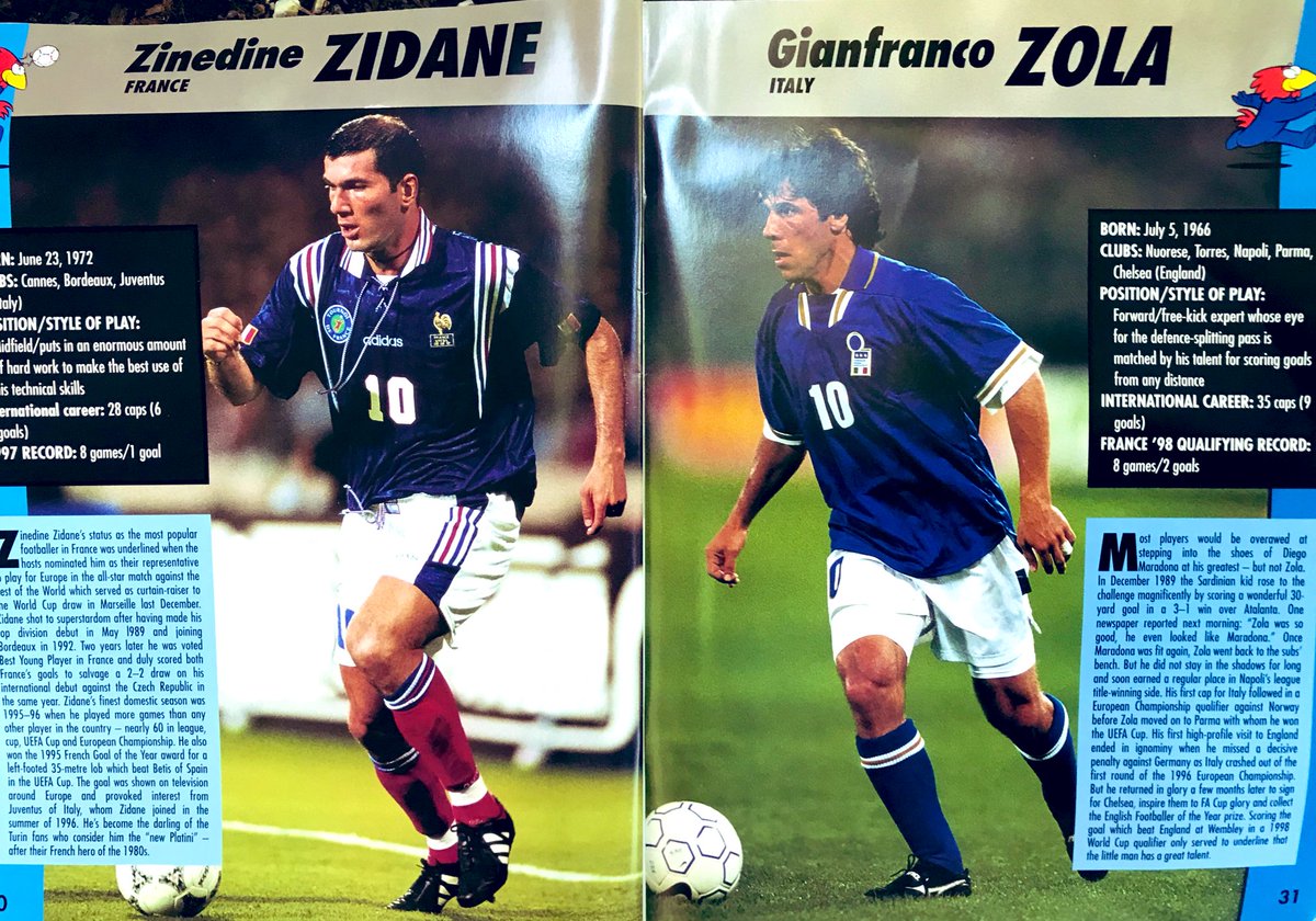 cwollin's tweet image. Heroes. Stars. Role models. Whatever you wanna call them. Found! The foreshadow in the Batistuta-Bergkamp page leaves me speechless, Zidane vs. Zola comparisons, but Valderrama’s kit wins the lot here. #worldcup98  #france98 #lostbutfound 
🏆🇦🇷🇳🇱🇫🇷🇮🇹🇨🇴🏆