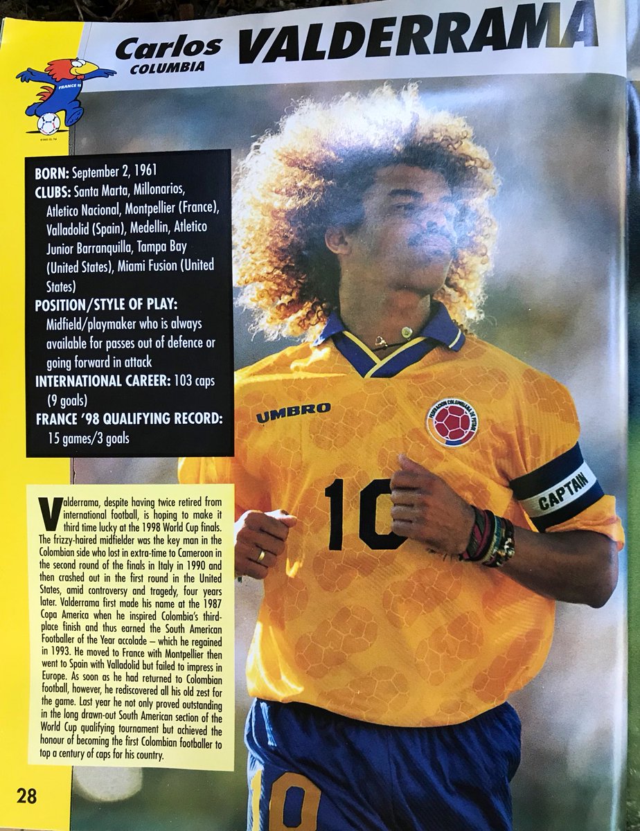 cwollin's tweet image. Heroes. Stars. Role models. Whatever you wanna call them. Found! The foreshadow in the Batistuta-Bergkamp page leaves me speechless, Zidane vs. Zola comparisons, but Valderrama’s kit wins the lot here. #worldcup98  #france98 #lostbutfound 
🏆🇦🇷🇳🇱🇫🇷🇮🇹🇨🇴🏆